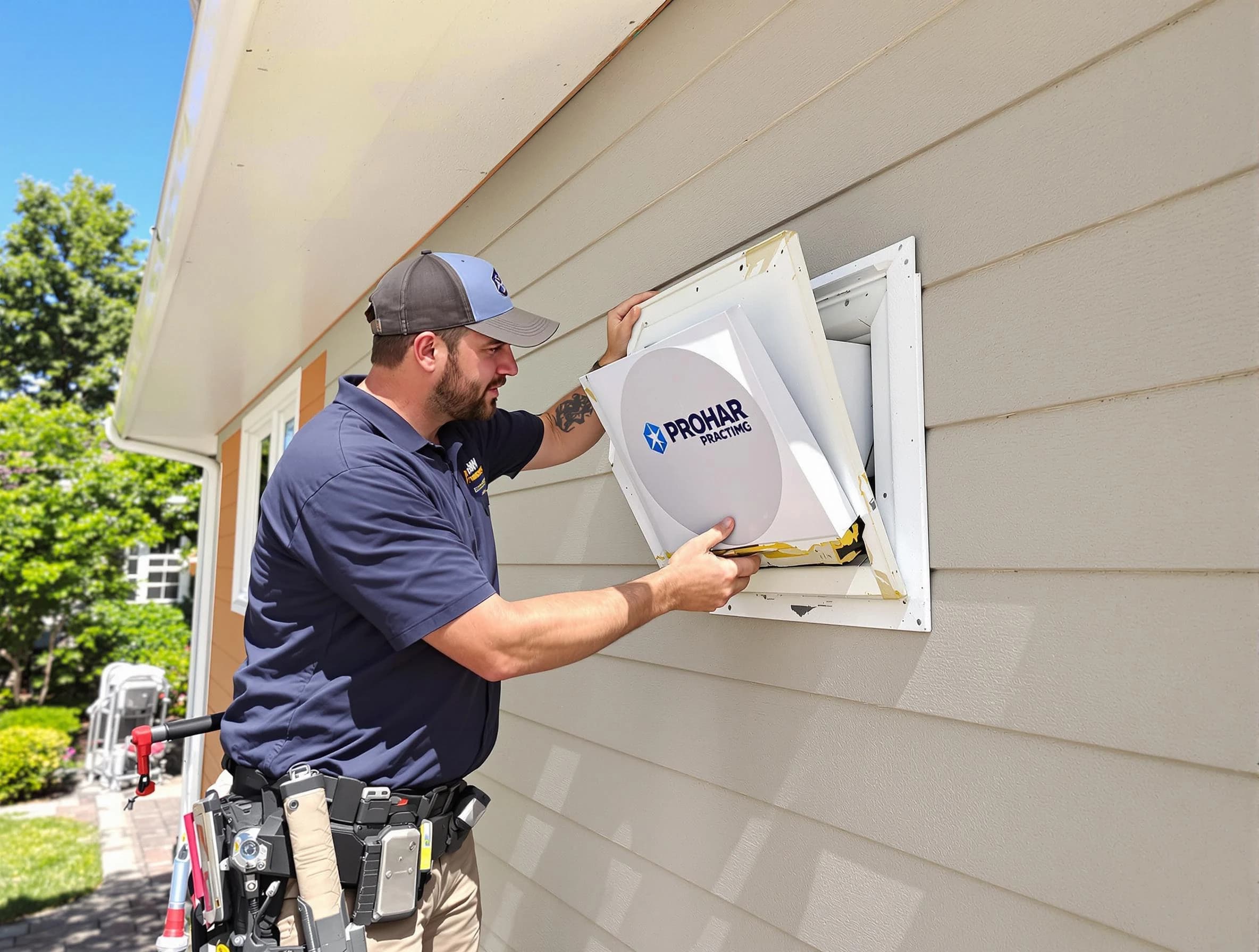 Highland Springs Dryer Vent Cleaning technician installing a new protective dryer vent cover on a home in Highland Springs