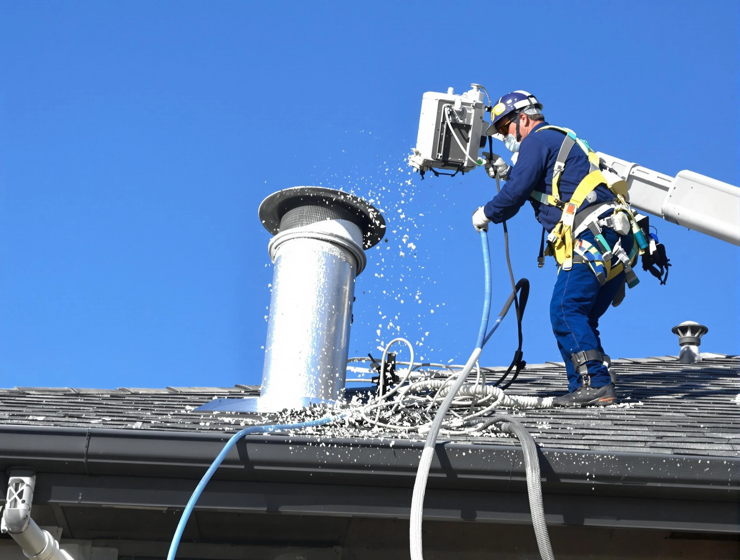 Highland Springs Dryer Vent Cleaning certified technician safely cleaning a roof-mounted dryer vent in Highland Springs