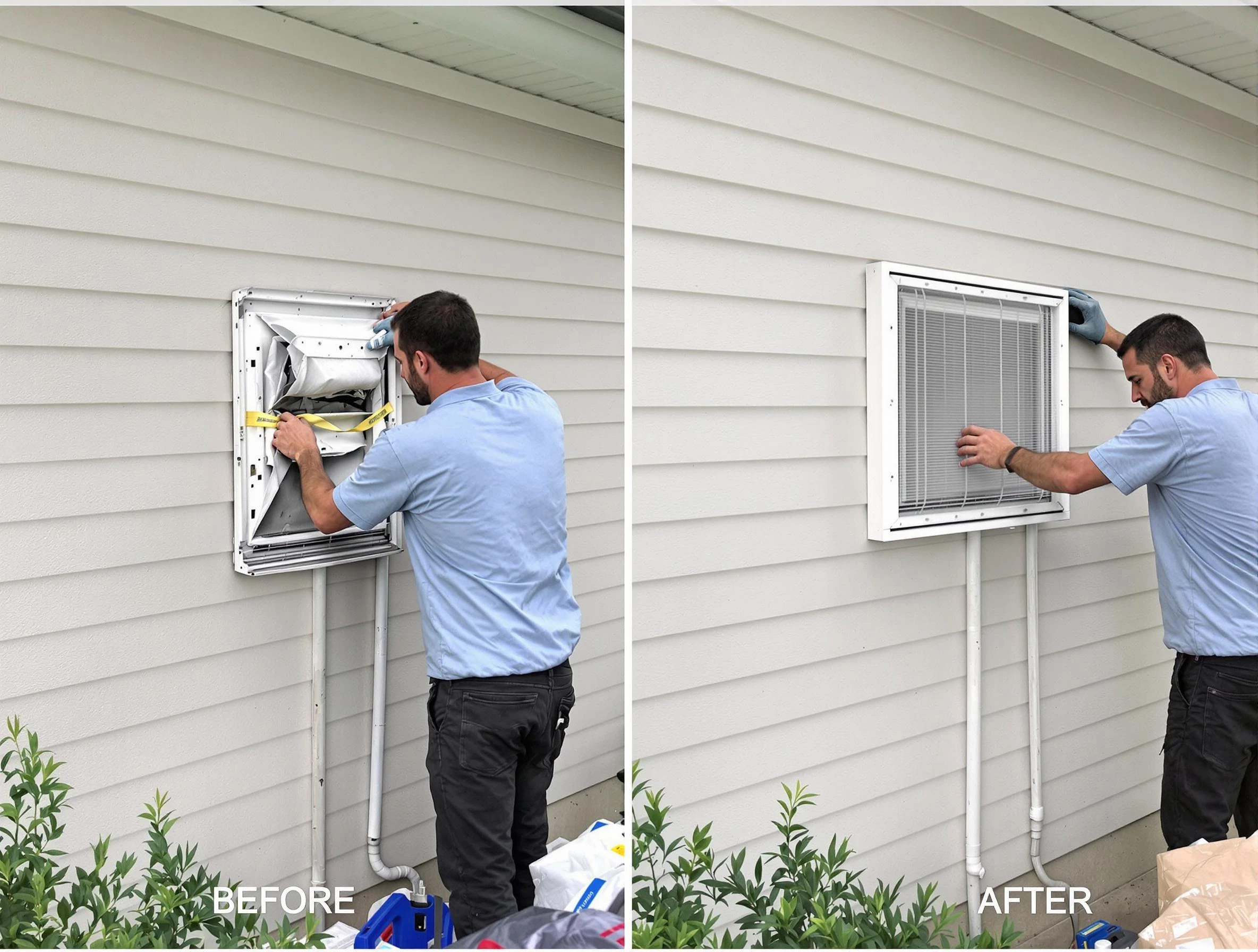 Highland Springs Dryer Vent Cleaning technician installing high-quality dryer vent cover at a residential property in Highland Springs
